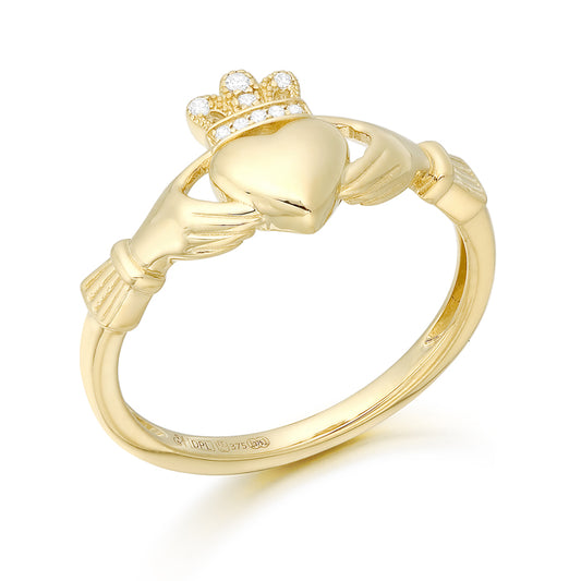 9ct Yellow Gold Crown CZ Claddagh Ring
