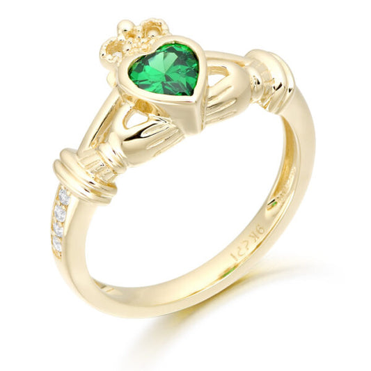 9ct Yellow Gold Claddagh Green Heart & CZ Shoulders Ring - Size L