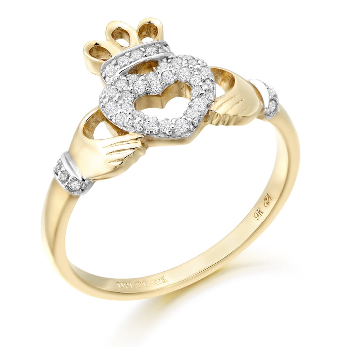 9ct Yellow Gold Pave CZ Open Claddagh Heart Ring
