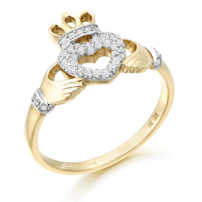 9ct Yellow Gold Pave CZ Open Claddagh Heart Ring