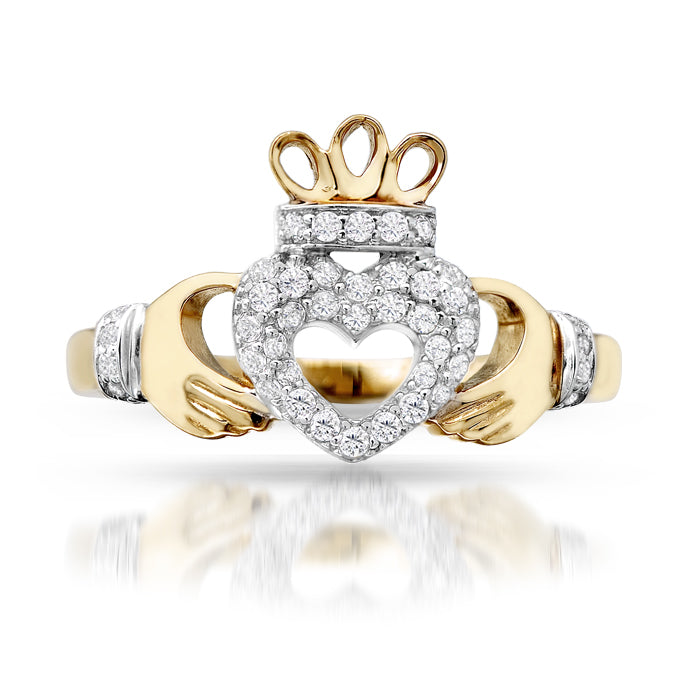 9ct Yellow Gold Pave CZ Open Claddagh Heart Ring