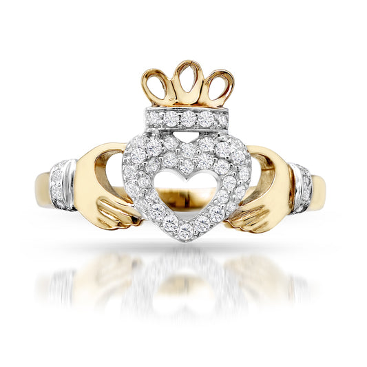 9ct Yellow Gold Pave CZ Open Claddagh Heart Ring