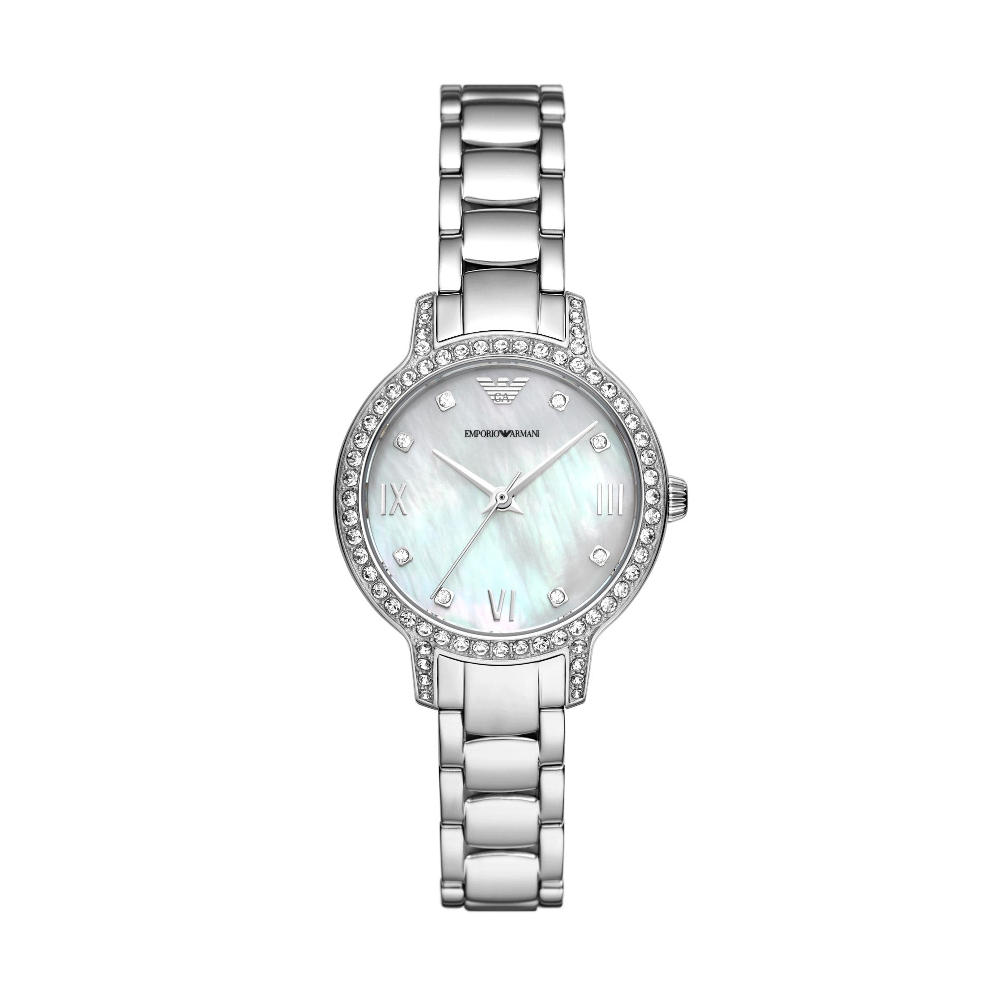 Emporio Armani 32mm Cleo CZ Mother of Pearl Steel Link Watch