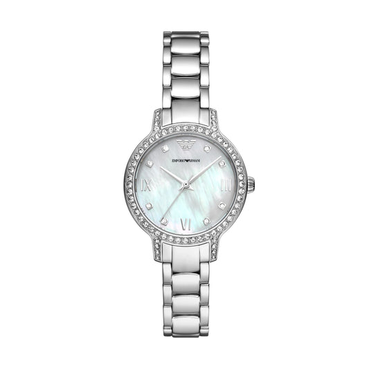 Emporio Armani 32mm Cleo CZ & Mother of Pearl Dial Steel Link Watch