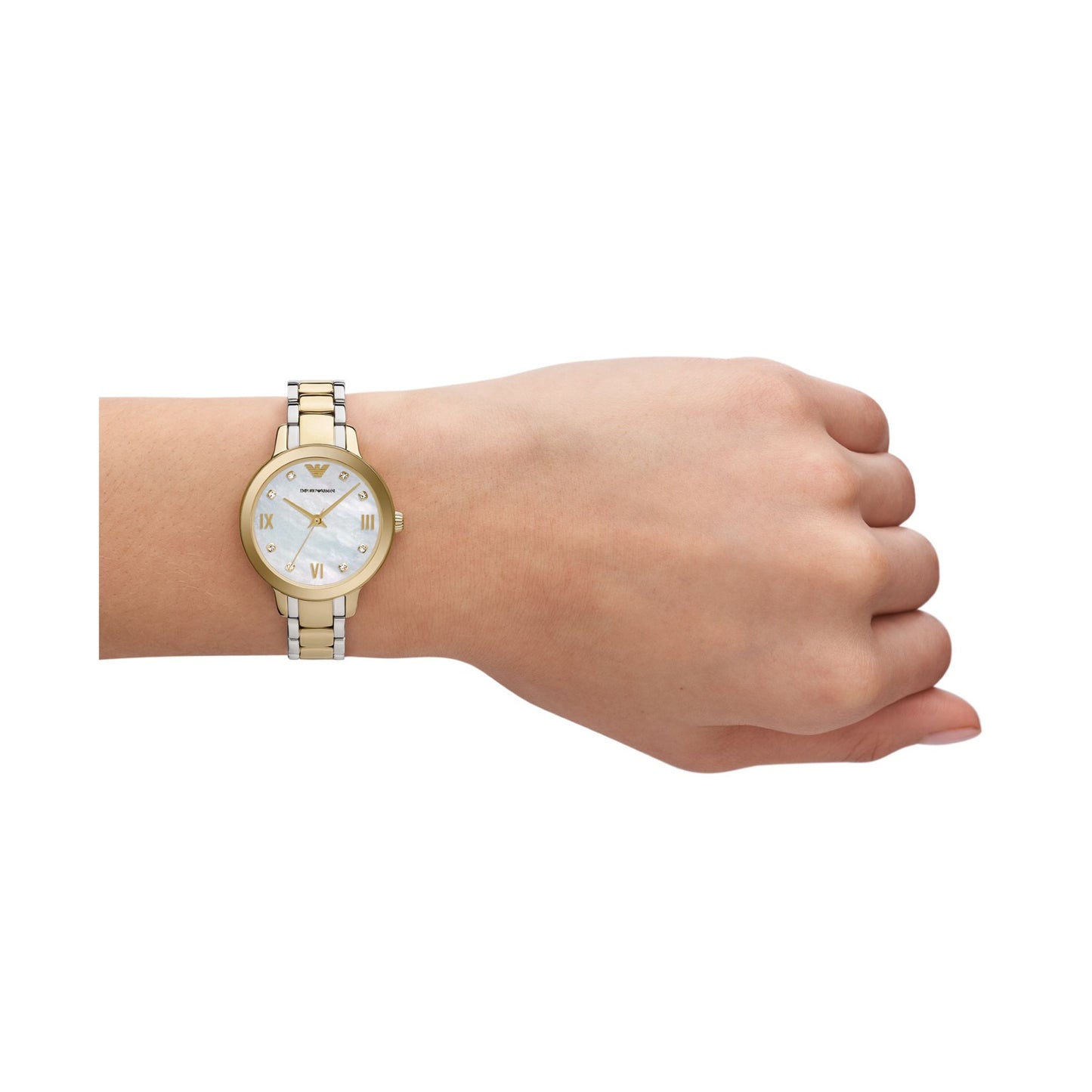 Emporio Armani 32mm Cleo Two Tone Mother of Pearl CZ Link Watch