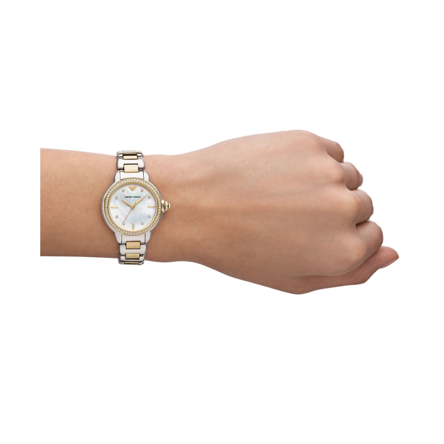 Emporio Armani 32mm Mia Two Tone CZ Mother of Pearl Link Watch