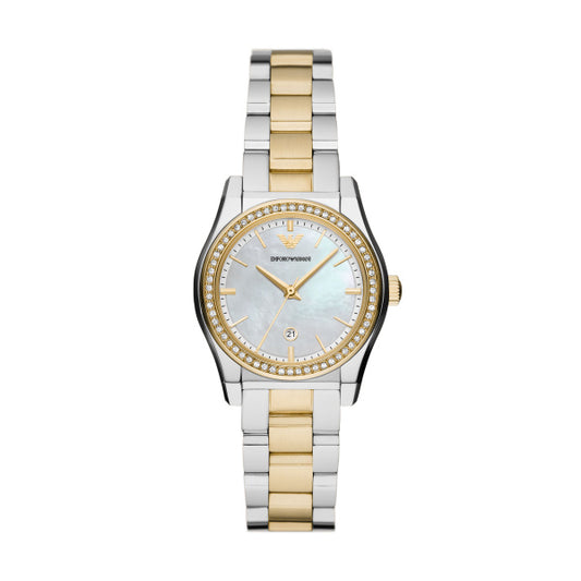 Emporio Armani 32mm Federica Two Tone Mother of Pearl CZ Link Watch