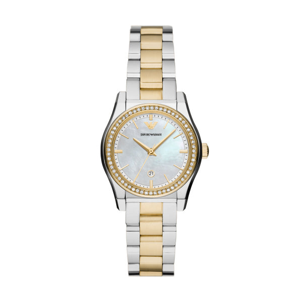 Emporio Armani 32mm Federica Two Tone Mother of Pearl CZ Link Watch