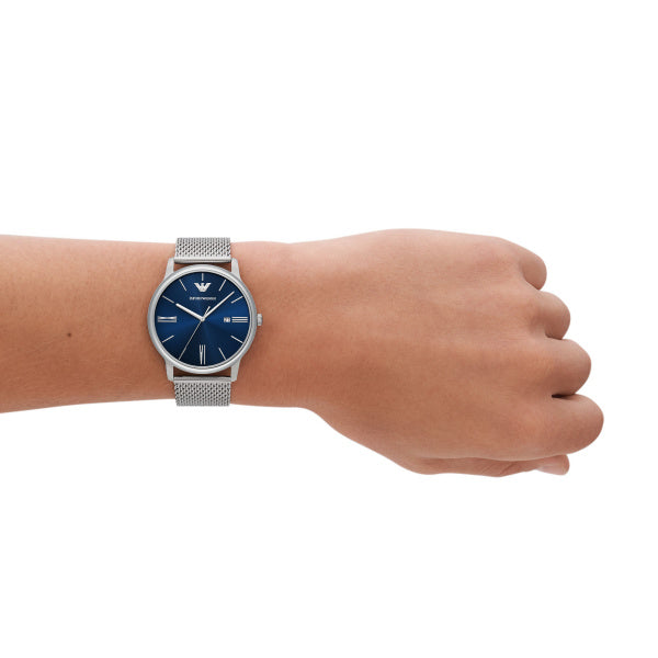 Emporio Armani 42mm Minimalist Blue & Silver Mesh Strap Watch