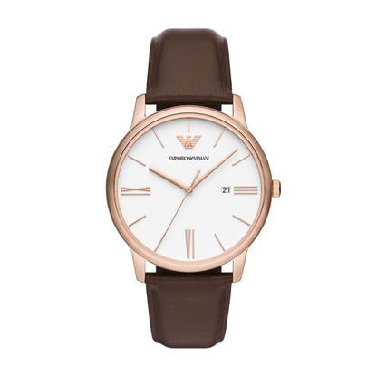 Emporio Armani 42mm Minimalist White & Rose Tone Brown Strap Watch