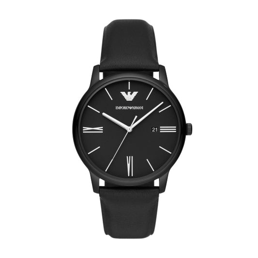 Emporio Armani 42mm Gents Minimalist Date Black Leather Strap Watch