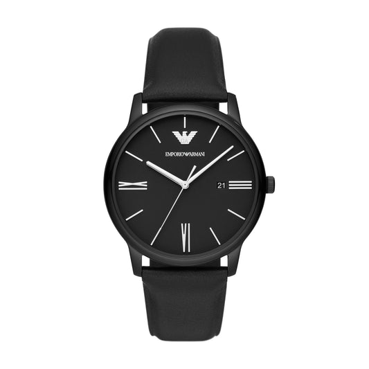 Emporio Armani Gents Three-Hand Date Black Leather Strap Watch