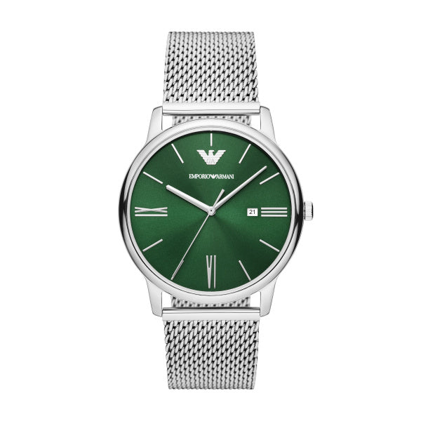 A image of Emporio Armani 42mm Minimalist Green & Silver Mesh Strap Watch