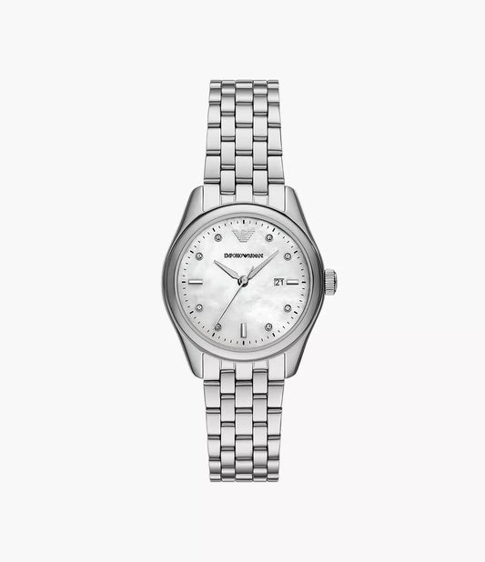 Emporio Armani 32mm Three-Hand Date Mother of Pearl Stainless Steel Watch