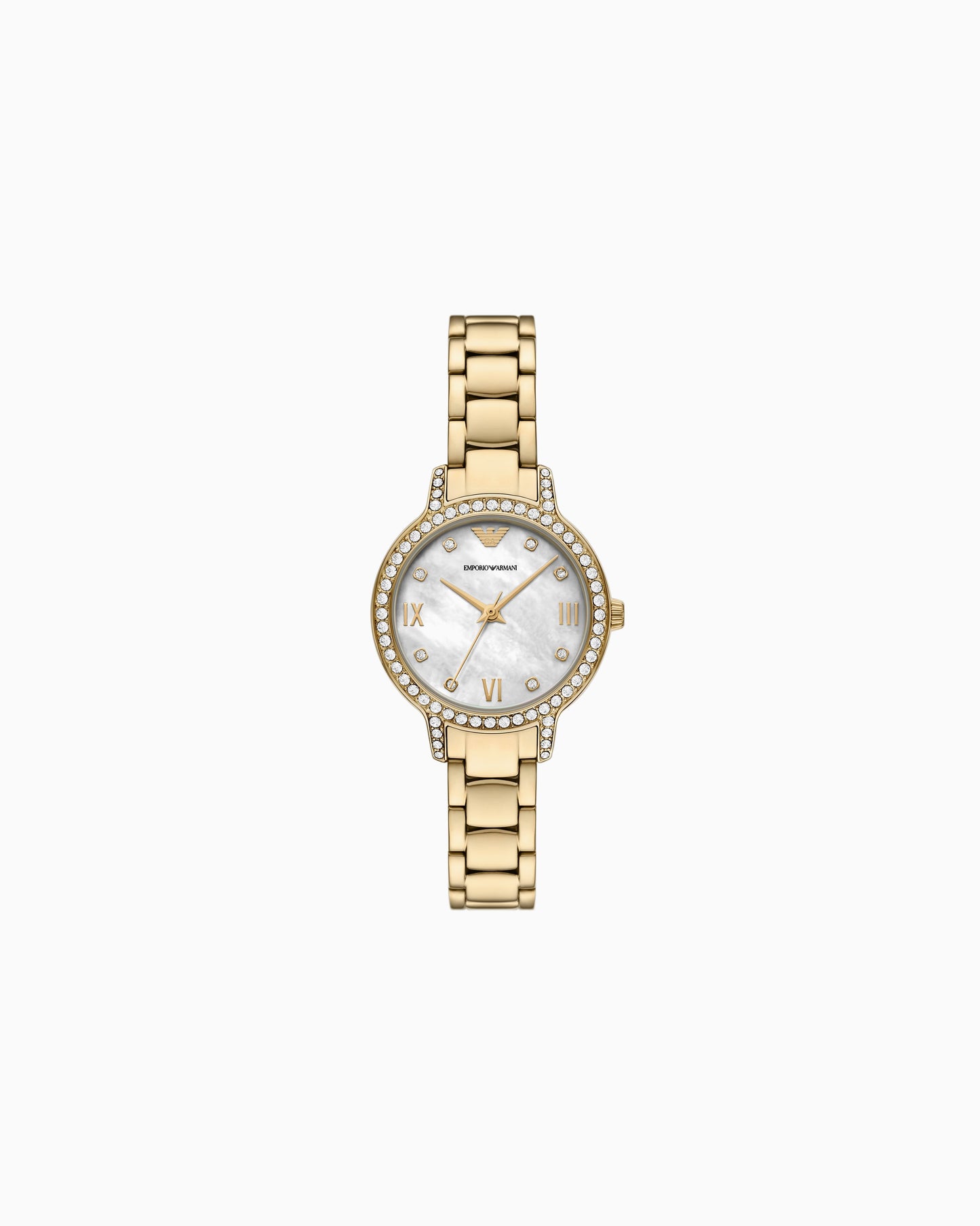Emporio Armani 32mm Cleo Gold Tone Mother of Pearl Link Watch