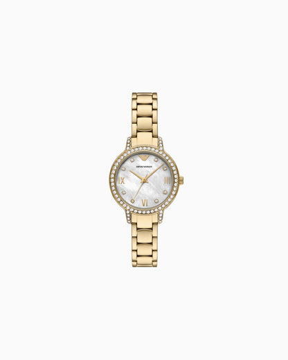 Emporio Armani 32mm Cleo Gold Tone Mother of Pearl Link Watch