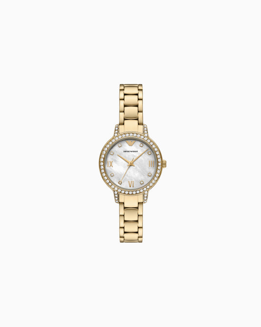 Emporio Armani 32mm Cleo Gold Tone Mother of Pearl Link Watch