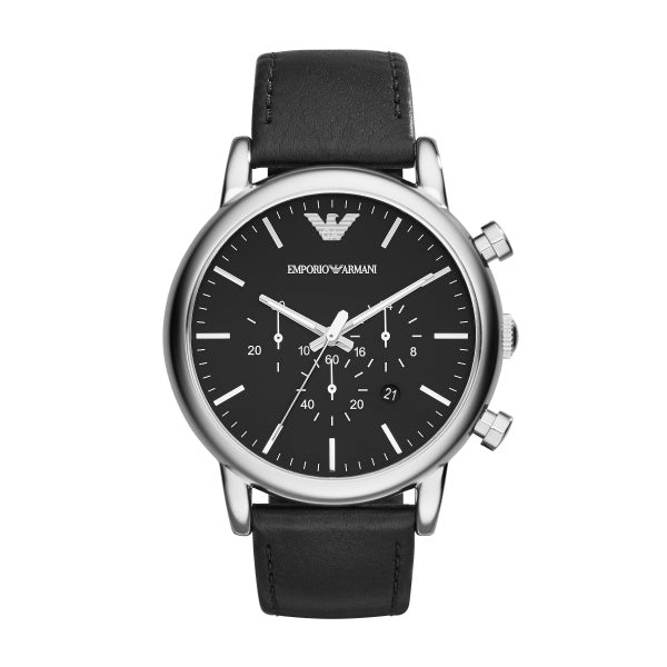 A image of Emporio Armani 46mm Luigi Black Dial Stainless Steel Leather Strap Watch