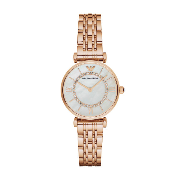 A image of Emporio Armani 32mm Gianni T-Bar Rose Tone CZ Mother of Pearl Dial Link Watch