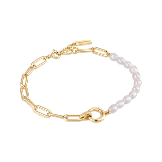 Ania Haie Yellow Gold Plated Half Pearl & Link Bracelet