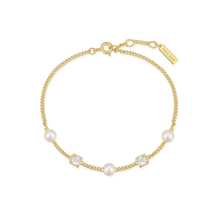 Ania Haie Gold Plated CZ Bezel-Set Cube & Pearl Bracelet