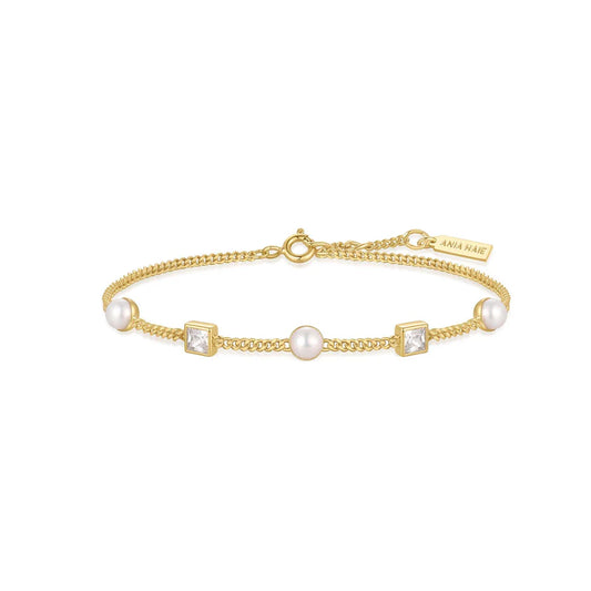 Ania Haie Gold Plated CZ Bezel-Set Cube & Pearl Bracelet