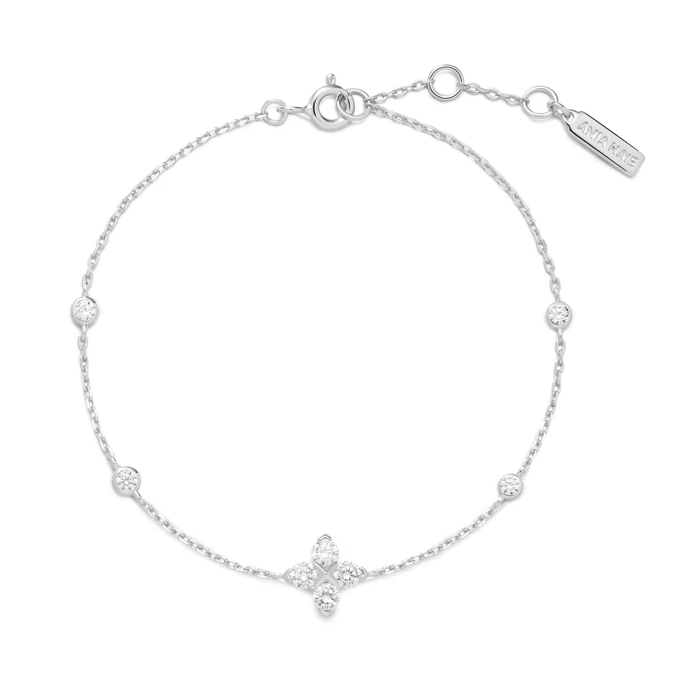 Ania Haie Rhodium Plate Silver CZ Sparkling Lucky Clover Bracelet
