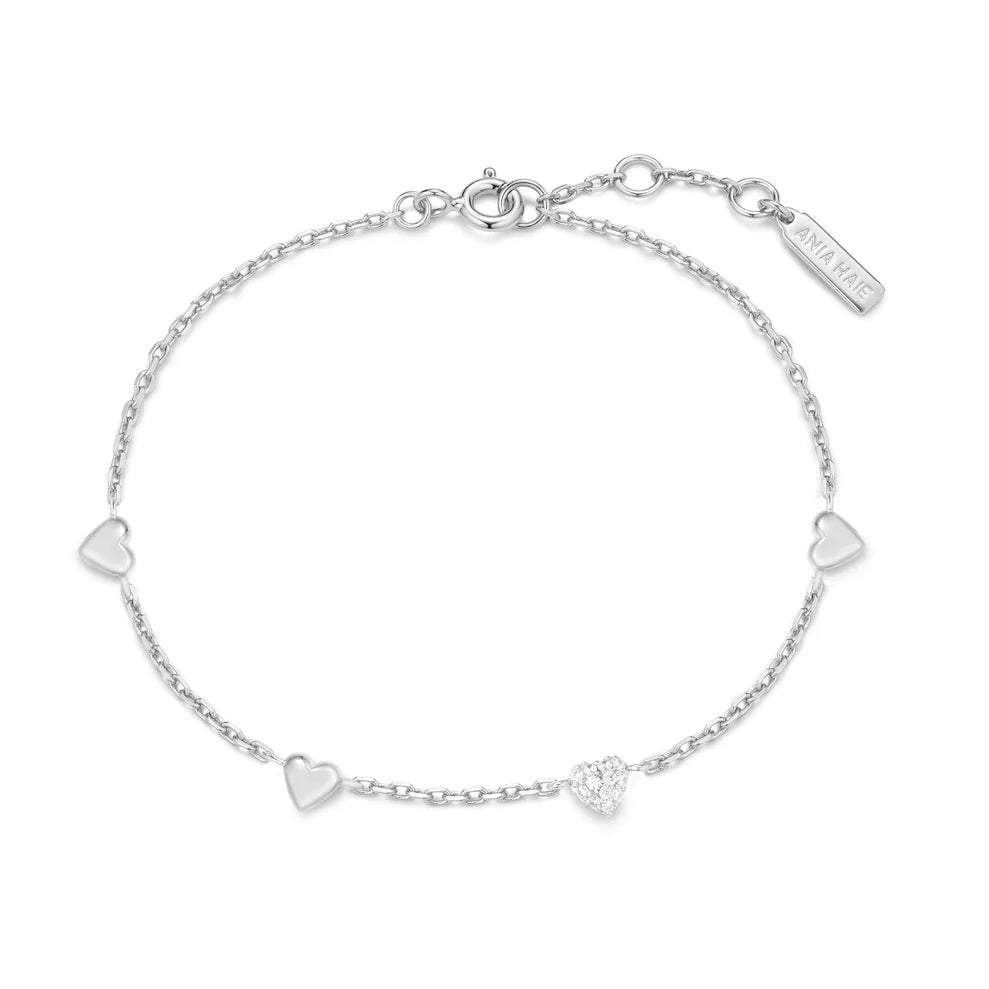 Ania Haie Rhodium Plate Silver CZ Pavé Puffed Heart Station Bracelet