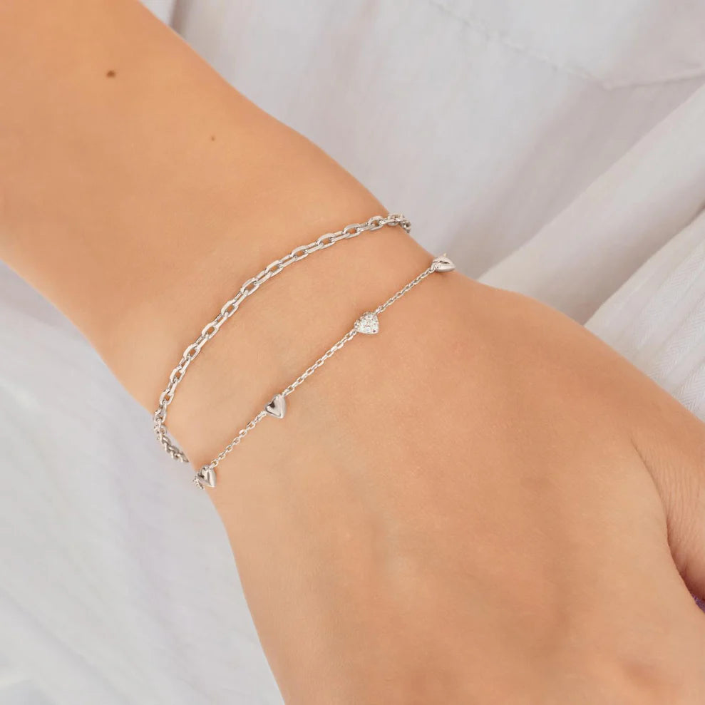Ania Haie Rhodium Plate Silver CZ Pavé Puffed Heart Station Bracelet