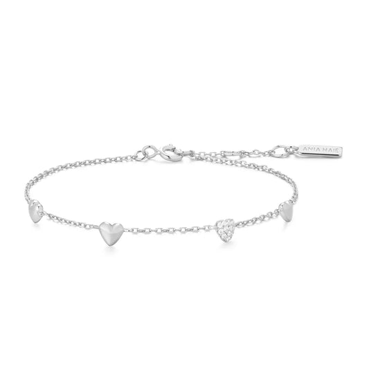 Ania Haie Rhodium Plate Silver CZ Pavé Puffed Heart Station Bracelet