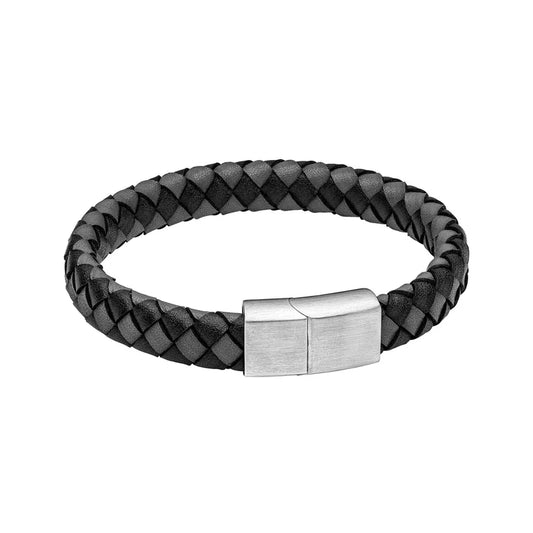Stainless Steel & Black Leather Checkerboard Mens Bracelet