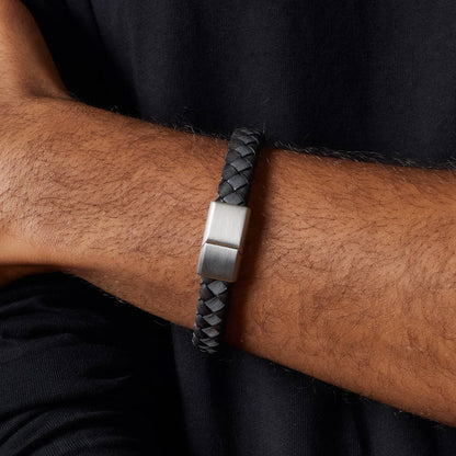 Stainless Steel & Black Leather Checkerboard Mens Bracelet