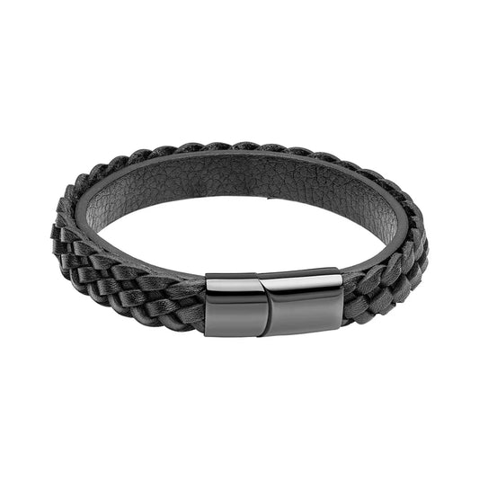 Stainless Steel & Black Leather Braided Mens Bracelet