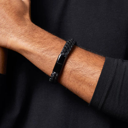 Stainless Steel & Black Leather Braided Mens Bracelet