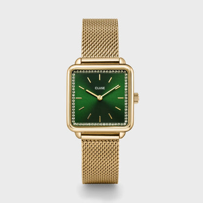 Cluse 28.5mm La Tétragone Stone Set Green Dial Gold Coloured Mesh Watch