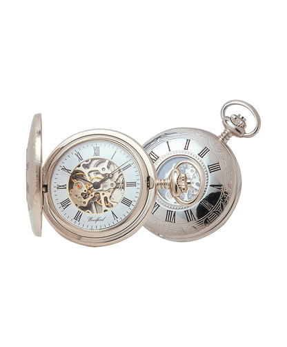 Woodford Chrome Plated Half Hunter Skeleton Pocket Watch