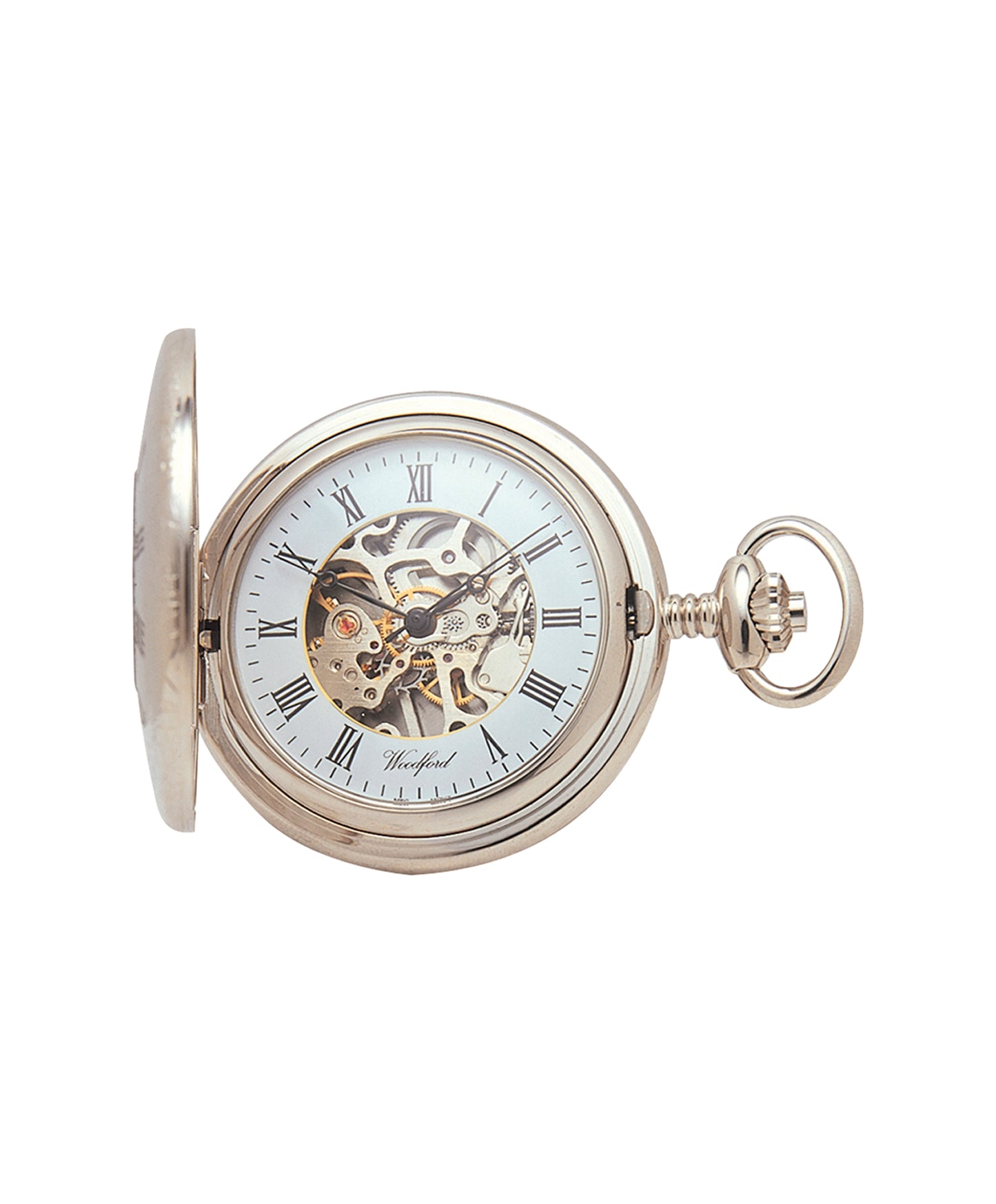 Woodford Chrome Plated Half Hunter Skeleton Pocket Watch