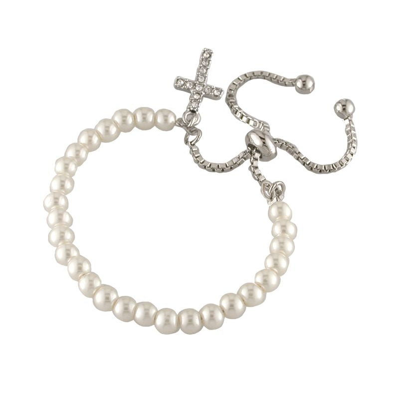 Rhodium Plated Silver Children's Pearl & Cross Adjustable Bracelet