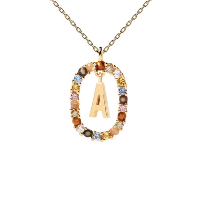 PDPAOLA Yellow Gold Plate Colourful Precious Stones 'A' Initial Necklace