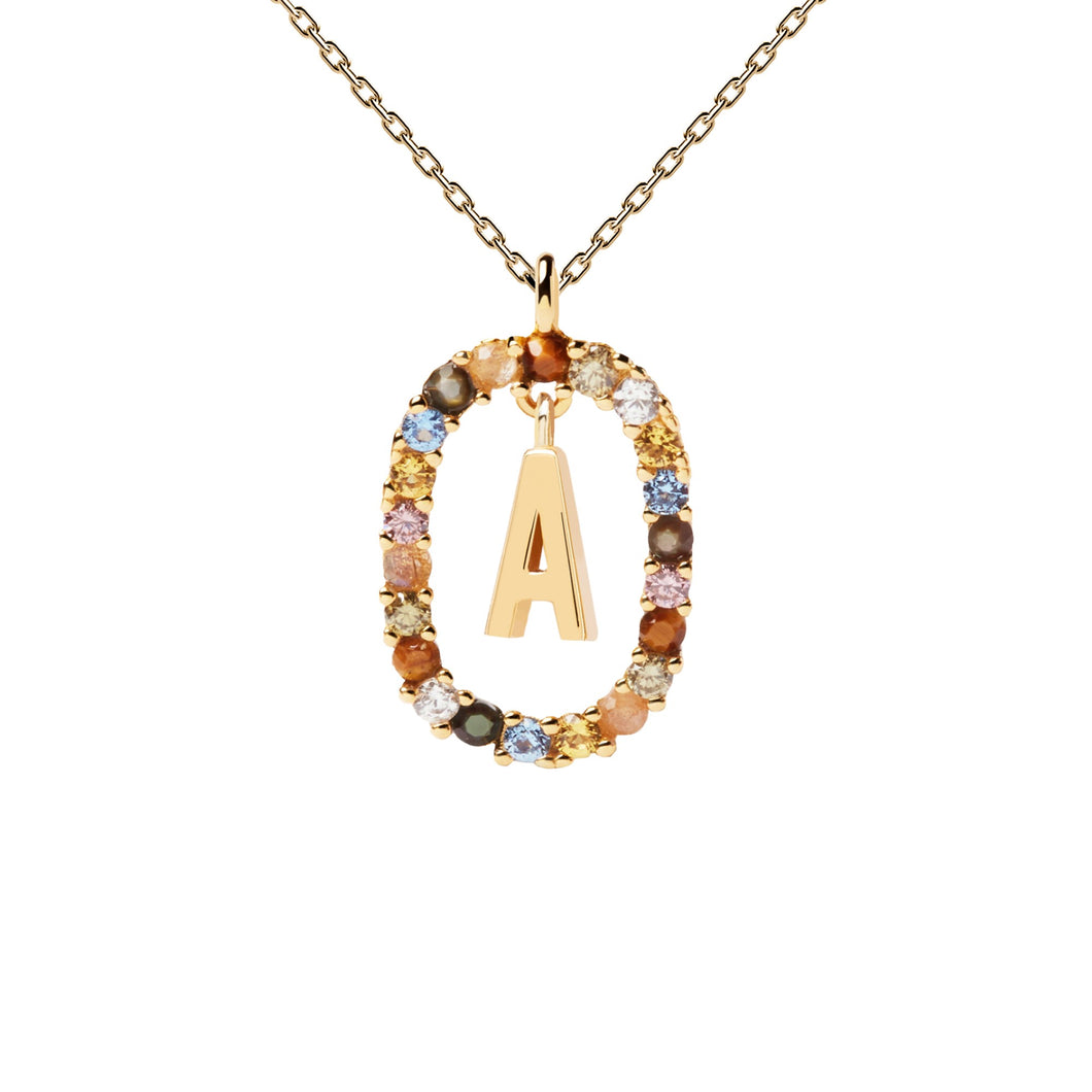 PDPAOLA Yellow Gold Plate Colourful Precious Stones 'A' Initial Necklace