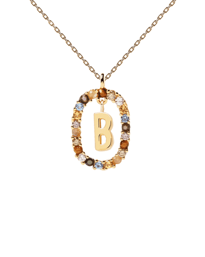PDPAOLA Yellow Gold Plate Colourful Precious Stones 'B' Initial Necklace