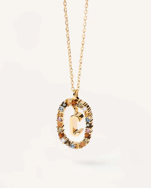 PDPAOLA Yellow Gold Plate Colourful Precious Stones 'C' Initial Necklace
