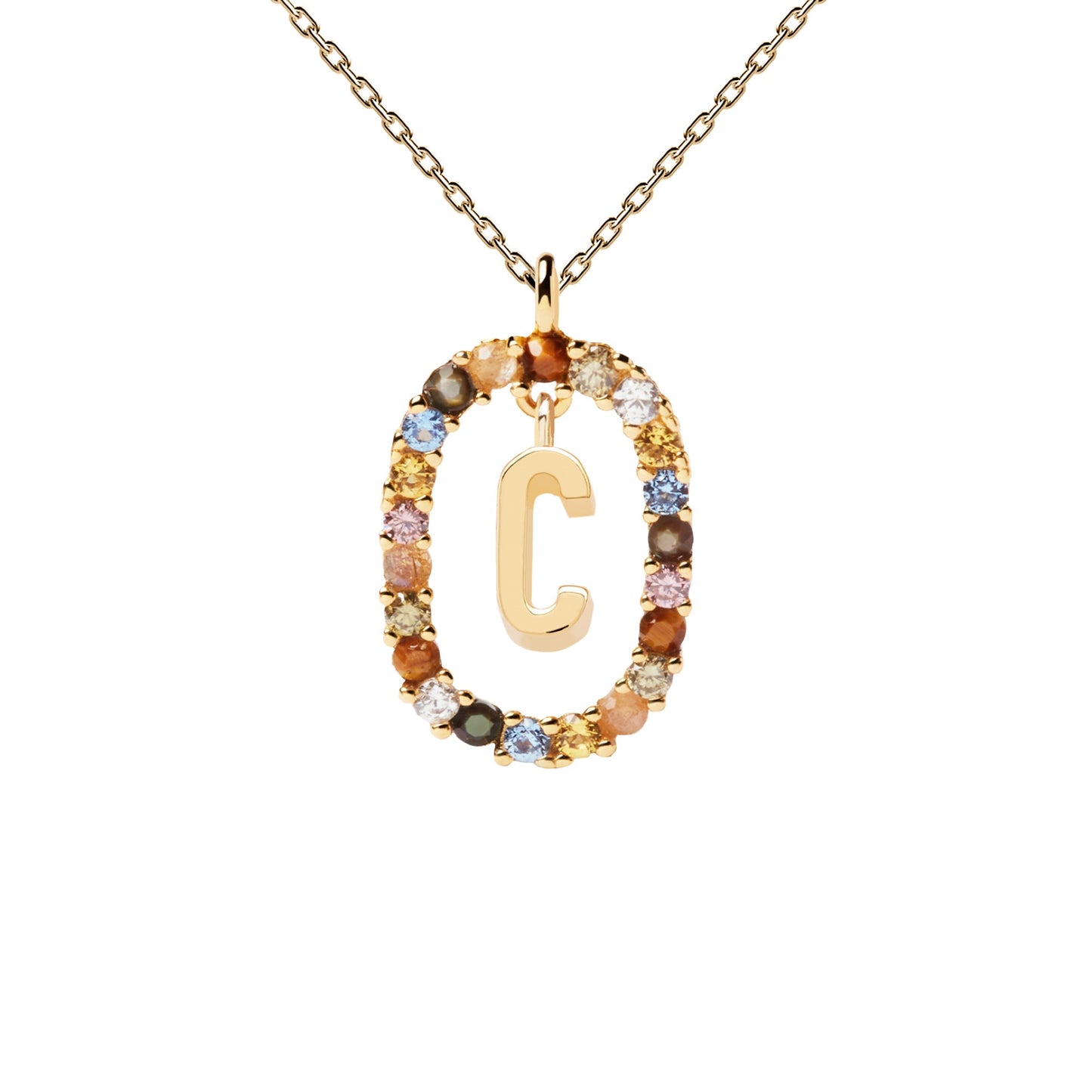 PDPAOLA Yellow Gold Plate Colourful Precious Stones 'C' Initial Necklace