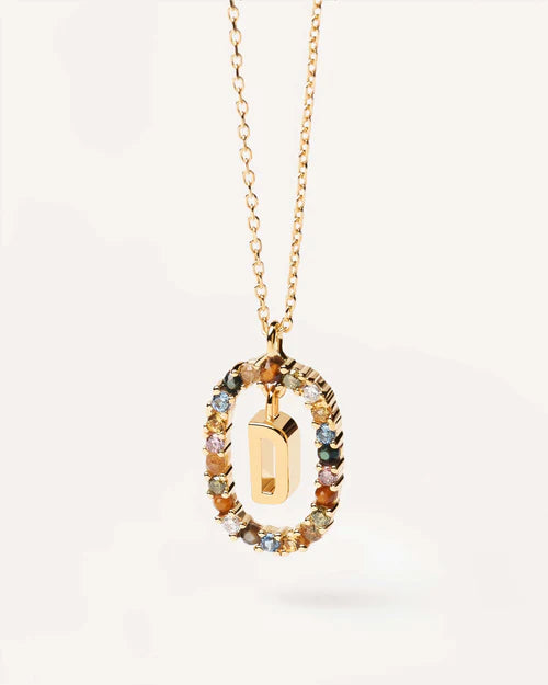 PDPAOLA Yellow Gold Plate Colourful Precious Stones 'D' Initial Necklace