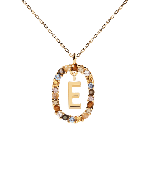 PDPAOLA Yellow Gold Plate Colourful Precious Stones 'E' Initial Necklace