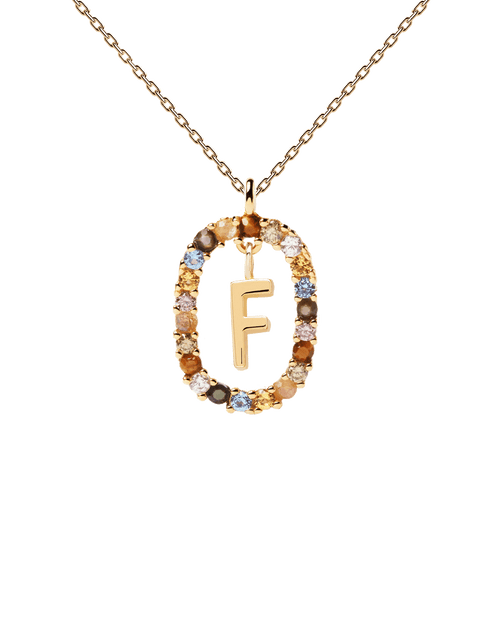 PDPAOLA Yellow Gold Plate Colourful Precious Stones 'F' Initial Necklace