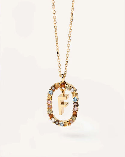 PDPAOLA Yellow Gold Plate Colourful Precious Stones 'F' Initial Necklace