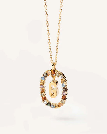 PDPAOLA Yellow Gold Plate Colourful Precious Stones 'G' Initial Necklace
