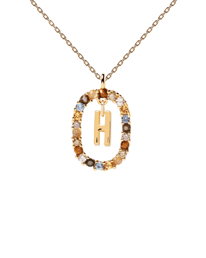 PDPAOLA Yellow Gold Plate Colourful Precious Stones 'H' Initial Necklace