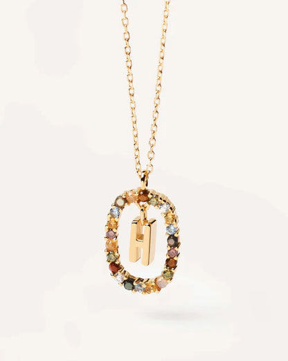 PDPAOLA Yellow Gold Plate Colourful Precious Stones 'H' Initial Necklace